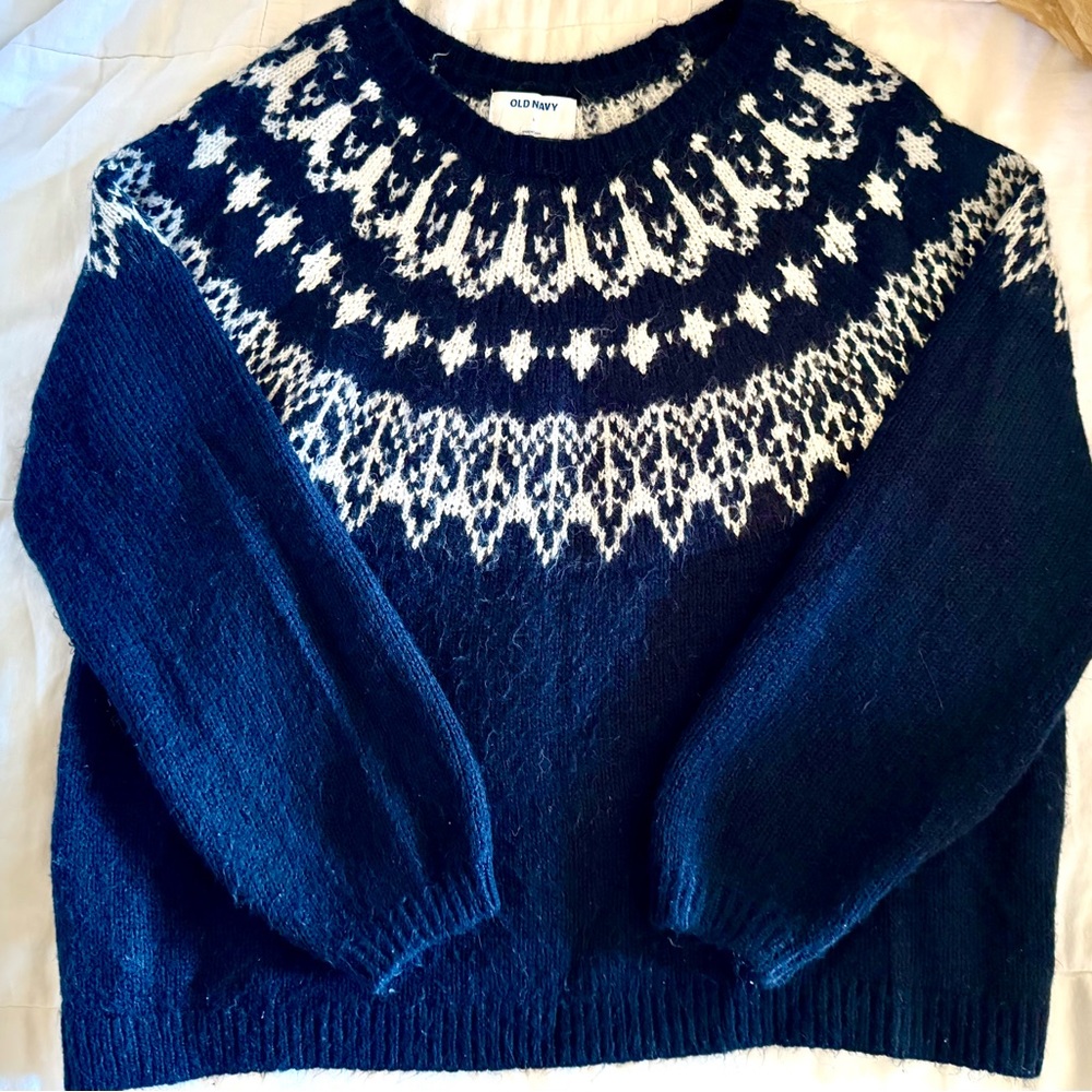 Warm wool sweater from Old Navy. Navy blue and cream color.  Loose fitting.
